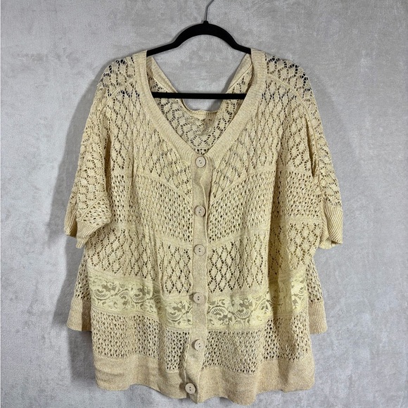 Anthropologie Moth Oversized Crochet Sweater Size L Tan Linen Fairy Shabby Chic - Picture 2 of 7